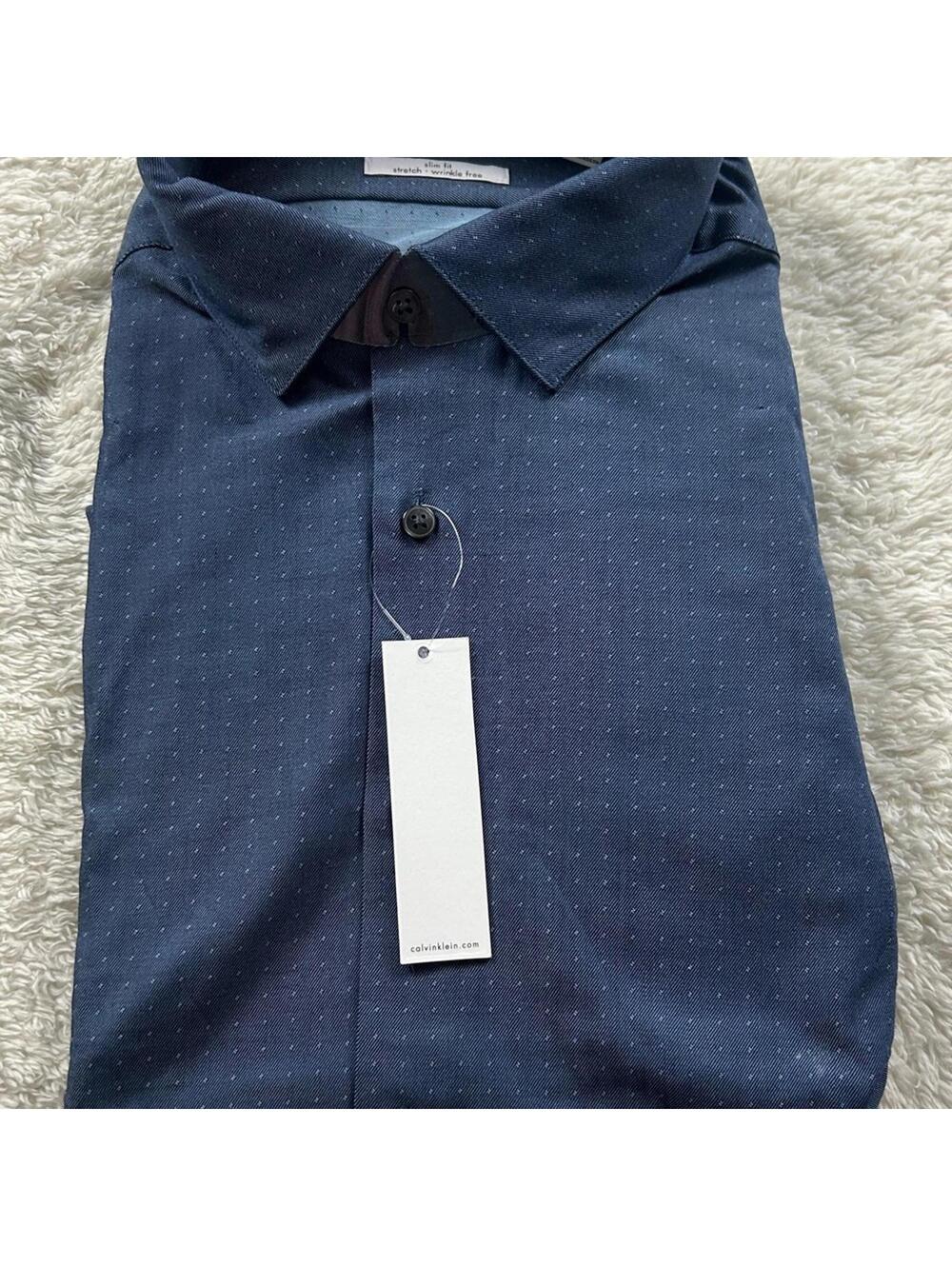 Calvin Klein Men's Navy Micro Dot Dress Shirt Slim Fit Sleeve Button Front NWT
